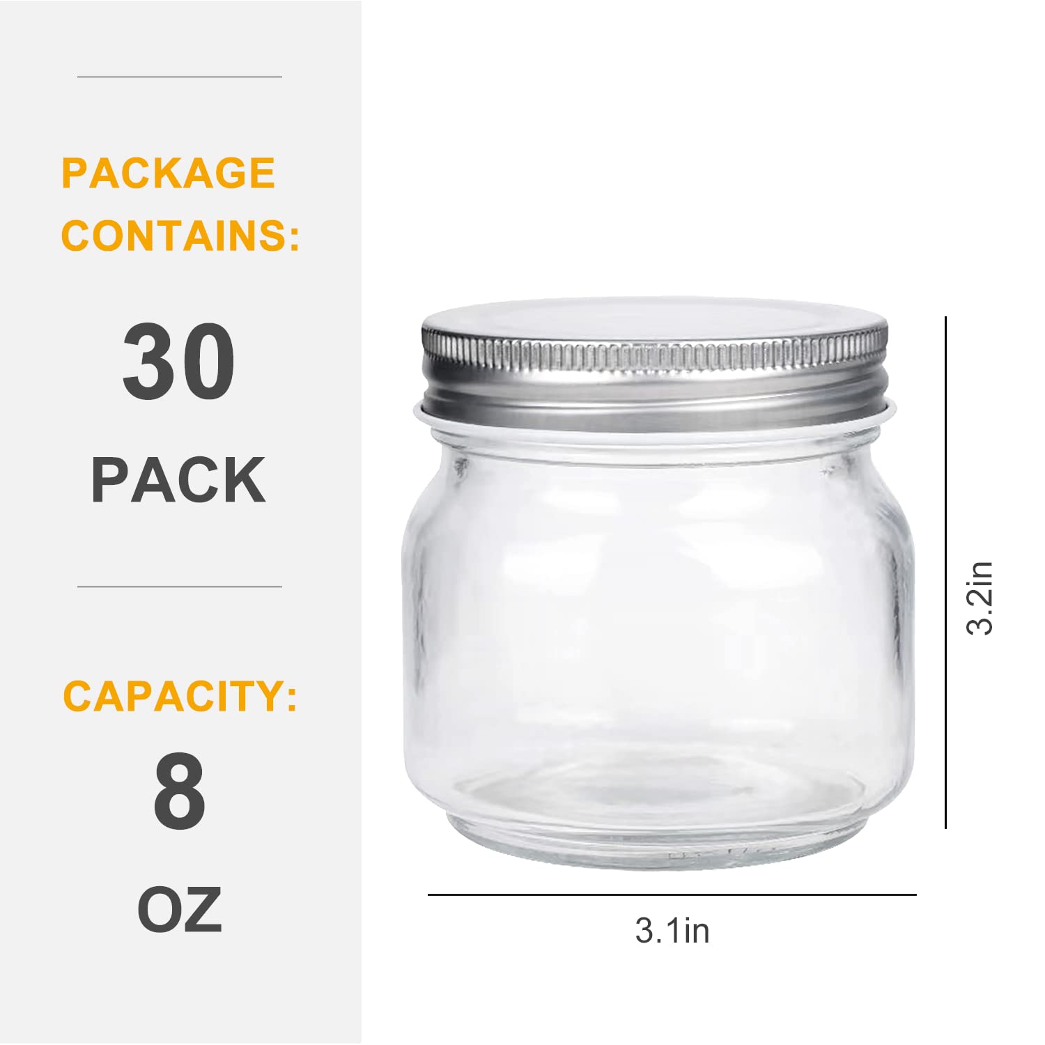 QAPPDA Mason Jars, Glass Jars With Lids 8 oz,Canning Jars For Pickles And Kitchen Storage,Wide Mouth Spice Jars With Silver Lids For Honey,Caviar,Herb,Jelly,Jams,Set of 30