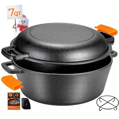 TLGREEN Cast Iron Dutch Oven Pot with Lid,Cast Iron Pot (5.1QT) and Cast Iron Lid as a Skillet(1.9QT) - Dutch Oven Cast Iron with Silicone Holders, Iron Stand, for Oven, Stove, Grill，Campfire