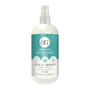 ari probiotic deodorizer spray for dogs (8 oz) – green tea & mandarin scent – ph-balanced, long-lasting freshness, sulfate-free, gentle for all breeds