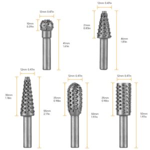 Hoteche Rotary Burr Set 5-Piece 1/4" Shank Carving Engraving Drill Bits Universal Fitment Rotary Tool Rasp Bits for Wood and Plastic Fit with Dremel, Dewalt