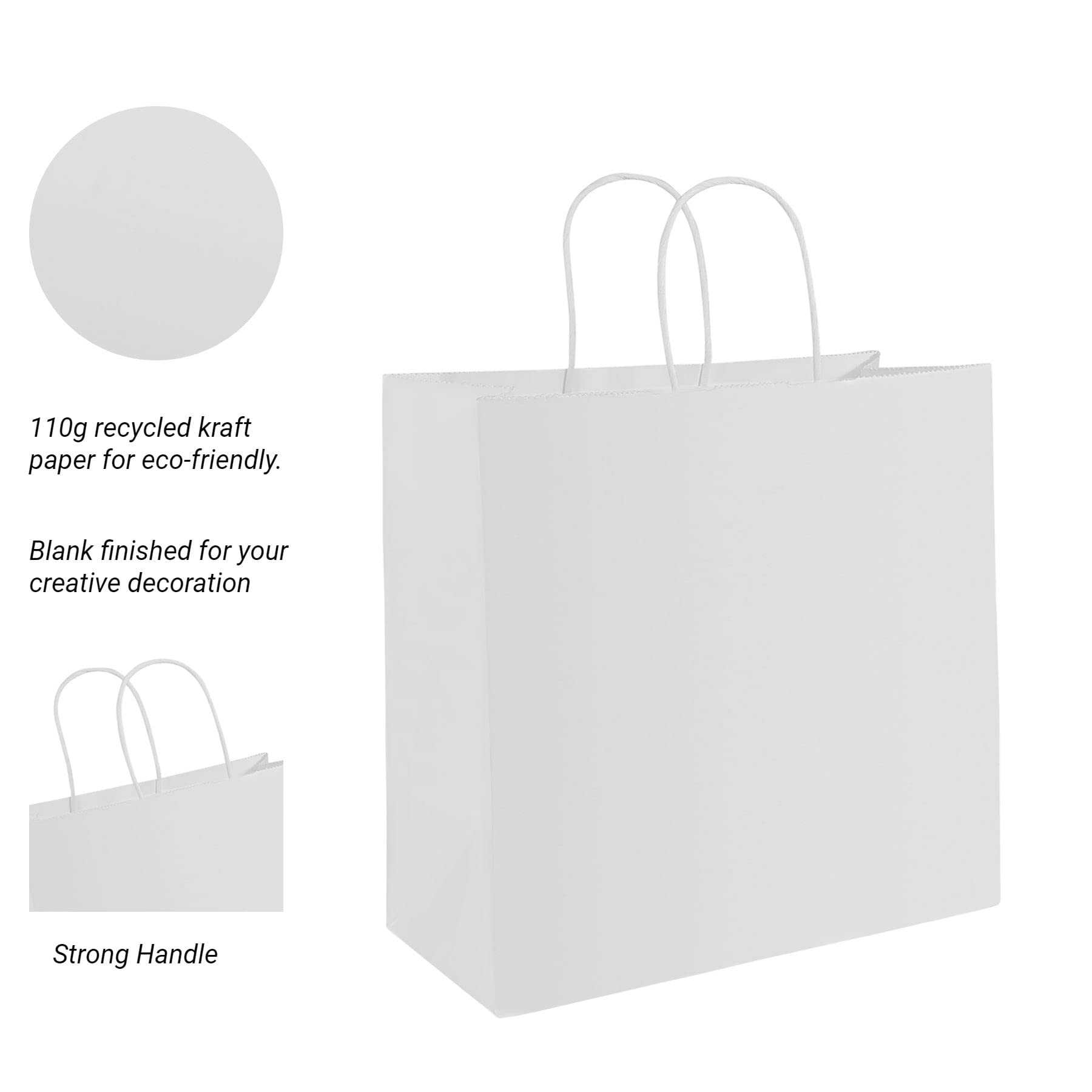 PAICUIKE White Kraft Paper Bags With Handle, Retail Shopping Bags Bulk, Gift Bags Large For Lunch, Takeaway, Grocery, Party and Wedding 11×6×11" 100Pcs