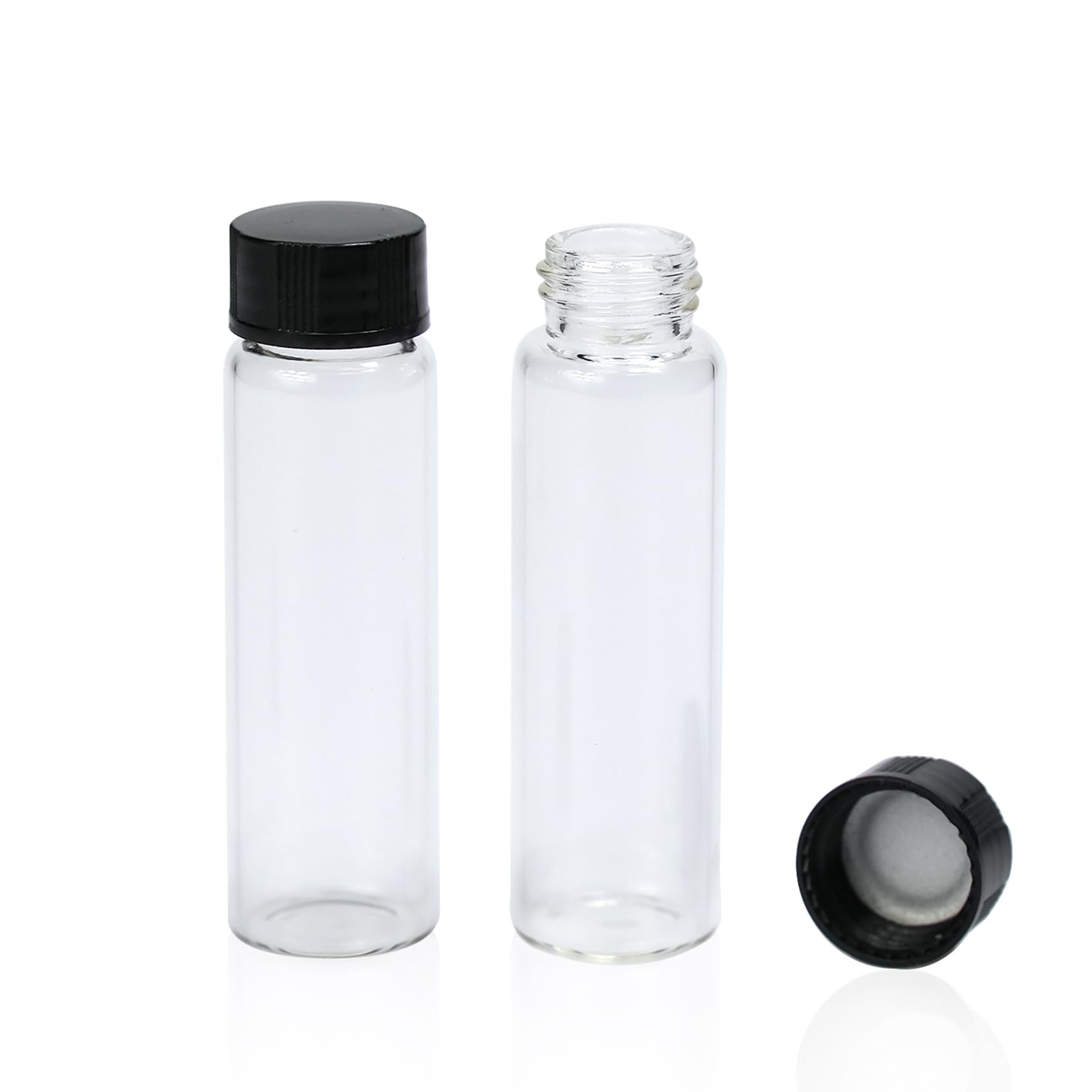 PEKYBIO Clear Glass Sample Vial, Liquid Sampling Sample Glass Bottle, 12 ml Capacity, Storage Glass Vial 19 mm.I.D.* 65 mm, 15-425 Thread Black Closed Top Screw Cap,PE Liner, Pack of 100