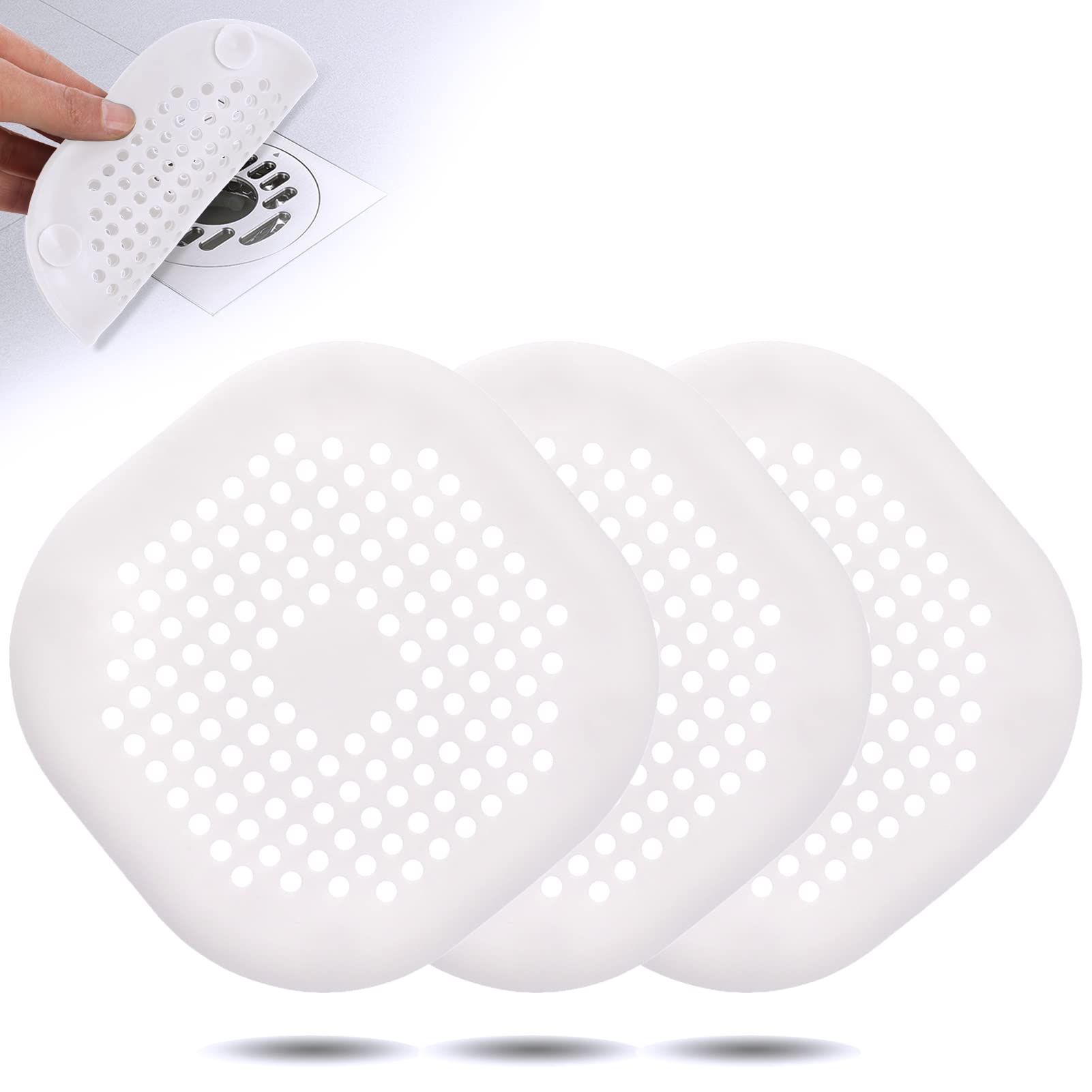 Shower Drain Hair Catcher, Durable Silicone Shower Drain Covers Hair Stopper with Suction Cup, Easy to Install Suit for Bathroom,Bathtub and Kitchen 3PACK (White)