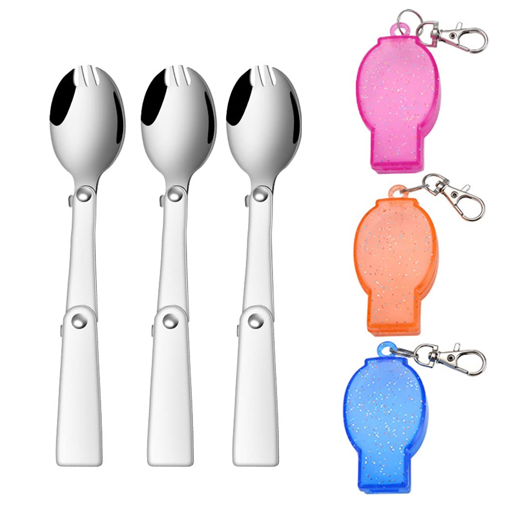 luzen 3Pcs Stainless Steel Spork 2 in 1 Folding Portable Travel Spoon Fork Flatware Cutlery with Carrying Case and Keychain for Travel Camping Hiking and Other Outdoor Activities