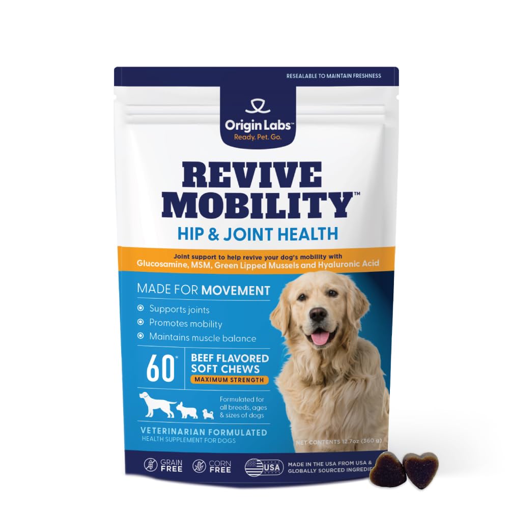 Origin Labs - Revive Mobility Hip & Joint Support Beef Soft Chews for Dogs | Glucosamine Chondroitin MSM & Green Lipped Mussels | Grain & Corn Free, 60 Count