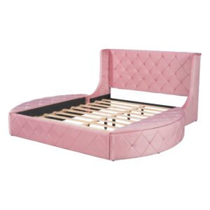 SOFTSEA Queen Size Velvet Platform Bed Frame with Storage, Upholstered Tufted Bed Frame with Wingback Headboard, 1 Big Drawer and 2 Side Storage Stool, Easy Assembly, Pink