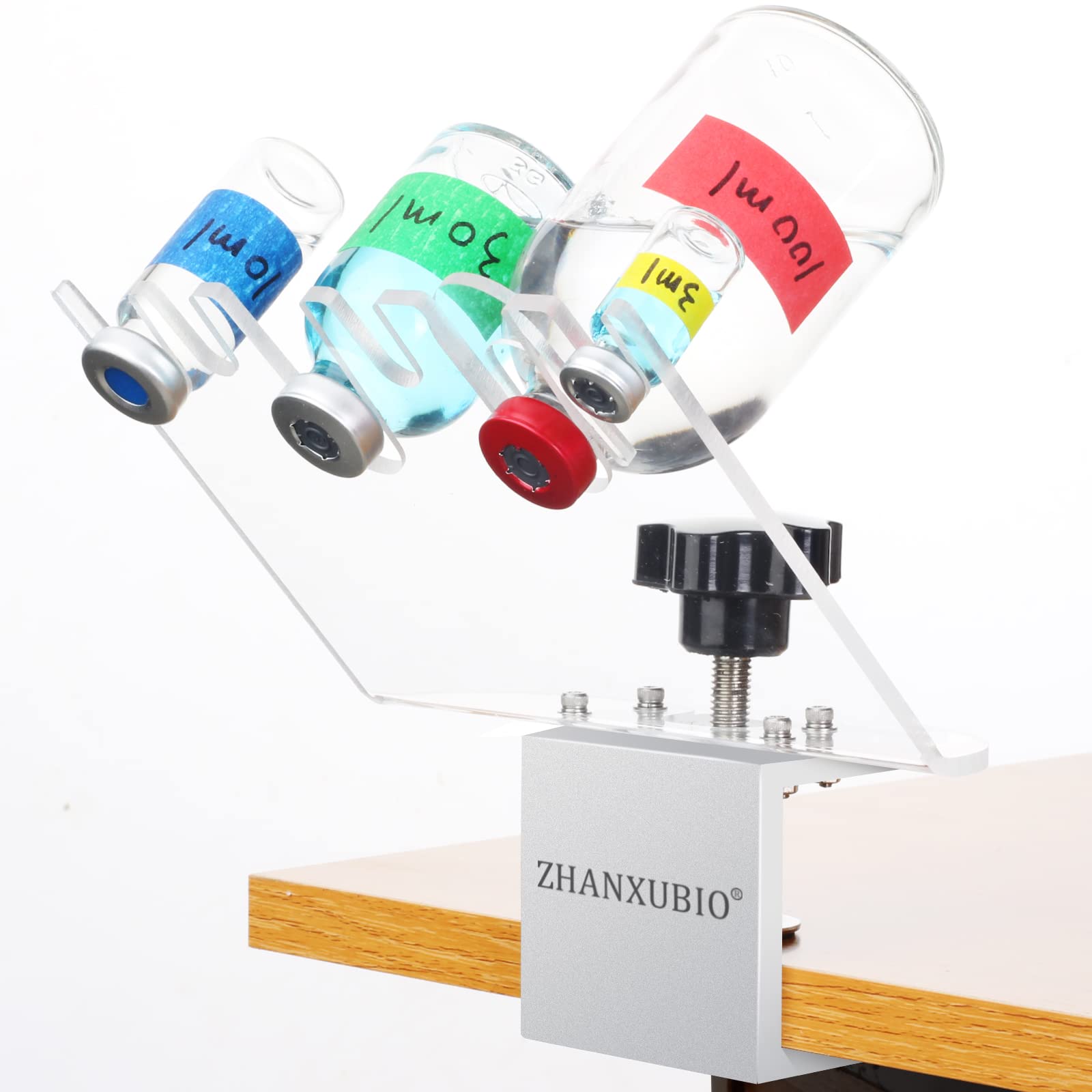 ZHANXUBIO Medicine Vial Holder Transparent Hands Free Medication Vial Stand with 6 Slots, Adjustable Clamp Up to 1.5" thick ,Fits Different Size Bottles