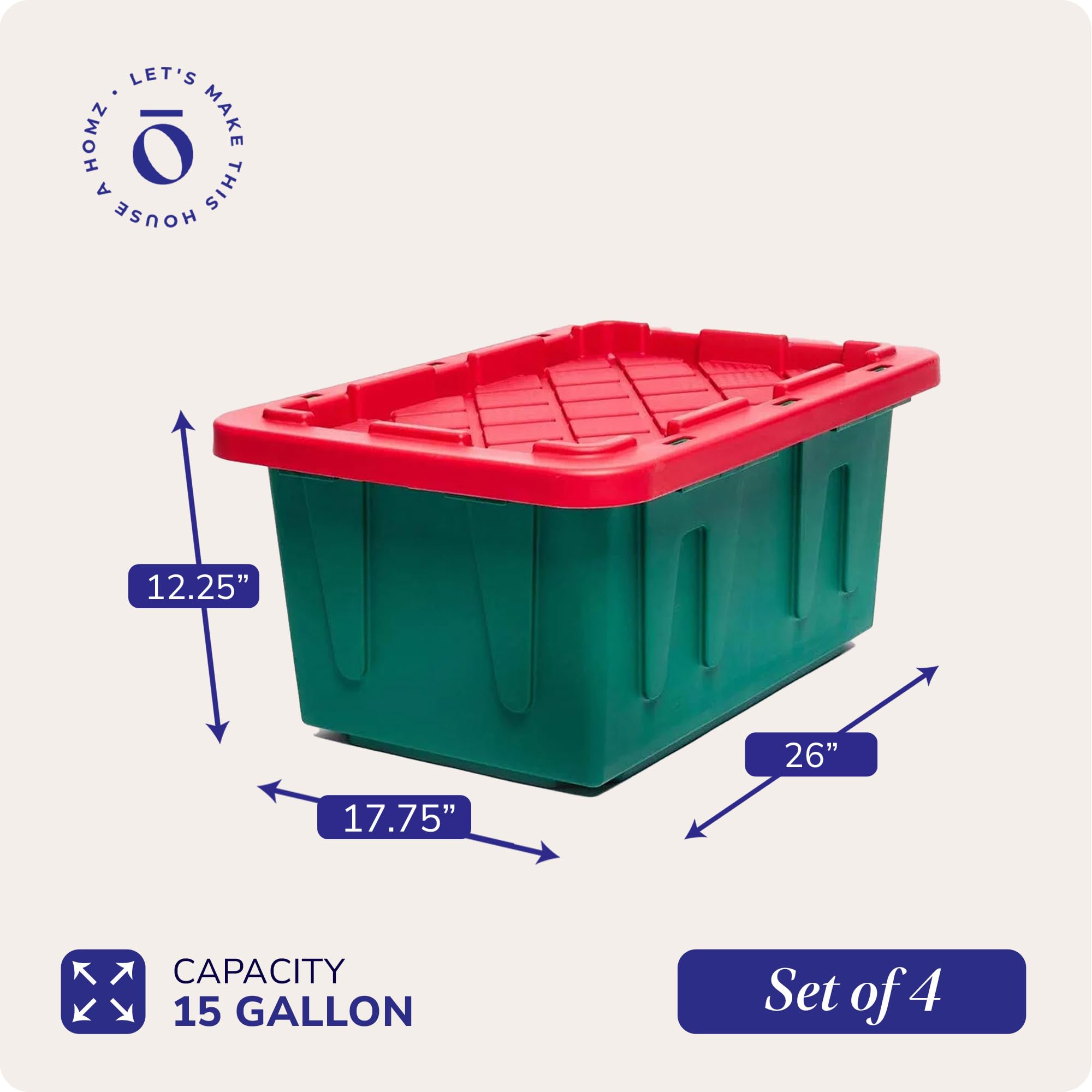 HOMZ Durabilt 15-Gallon Holiday Storage Bins with Lids, Heavy-Duty Stackable Holiday Totes Storage with Snap-fit Lids, Green Base and Red Lid, 4 Pack