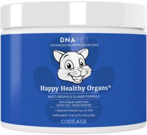 dna pet happy healthy organs & glands supplement for cats, freeze-dried raw bovine liver grass-fed bone marrow heart kidney pancreas, bovine thymus iron multi organ powder, joints cat vitamins 1.48 oz