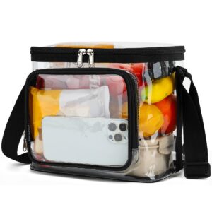 flowfly clear lunch bag adult large heavy duty transparent stadium approved lunch box for women and men with adjustable shoulder strap, front zipper pocket, clear