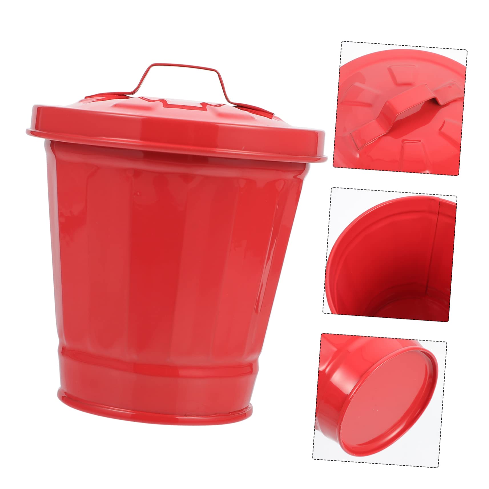 PLAFOPE 1pc Red Iron Mini Garbage Can with Lid for Desktop, Countertop, Tabletop, Cabinet