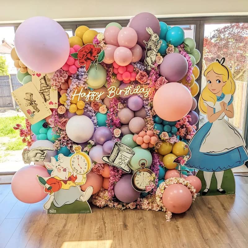 129PCS Alice in Wonderland Balloon Arch kit,Blue Pink Gold Balloons,Playing Card Aluminum Film Balloon,Checkerboard Foil Balloons,for Alice Theme Birthday Party,Baby Shower,Tea party Decorations (A)