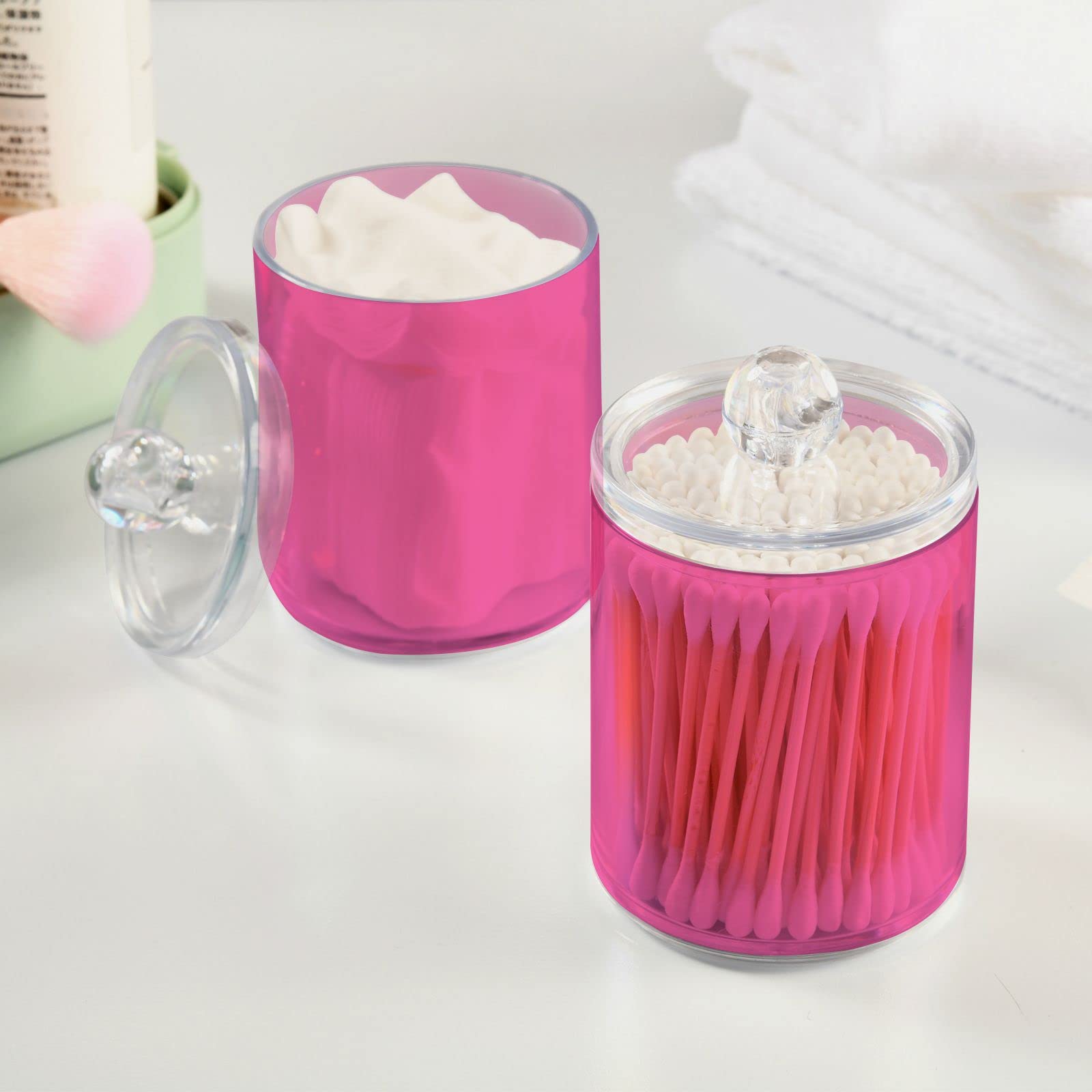 Hot Pink Qtip Dispenser Apothecary Jars Bathroom Qtip Holder Storage Canister 10 Oz Plastic Jar for Cotton Ball Swab Round Pads Floss 4pcs