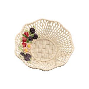 belleek wild irish hedgerow autumn basket - boho room decor, decorative storage baskets, handcrafted with red rose hips, blackberries, and wild roses, 7”d x 1.5”h