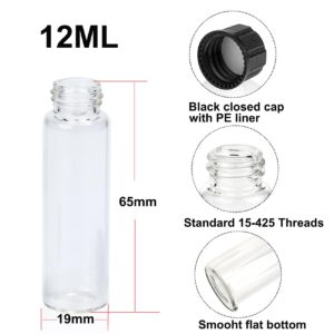 PEKYBIO Clear Glass Sample Vial, Liquid Sampling Sample Glass Bottle, 12 ml Capacity, Storage Glass Vial 19 mm.I.D.* 65 mm, 15-425 Thread Black Closed Top Screw Cap,PE Liner, Pack of 100