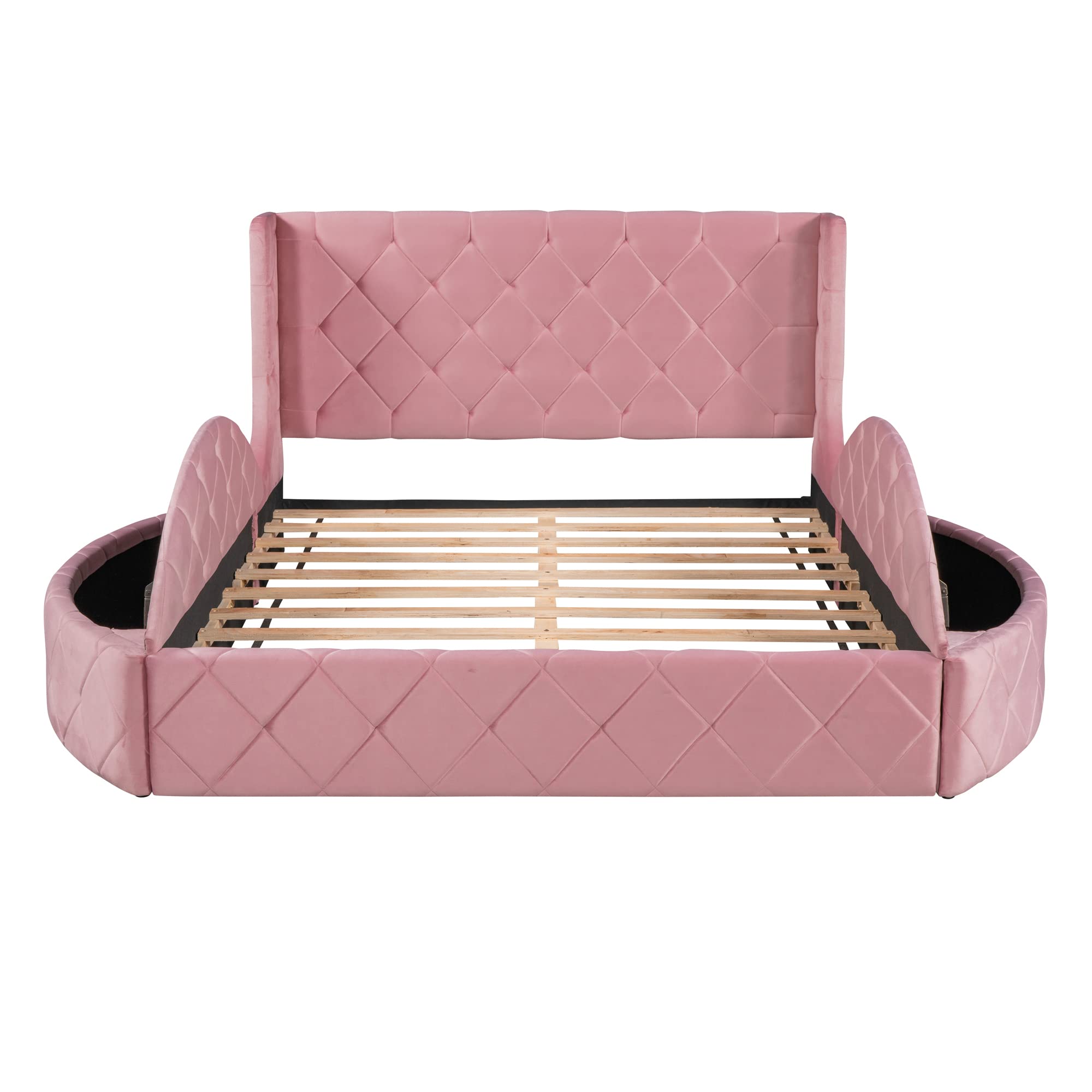 SOFTSEA Queen Size Velvet Platform Bed Frame with Storage, Upholstered Tufted Bed Frame with Wingback Headboard, 1 Big Drawer and 2 Side Storage Stool, Easy Assembly, Pink