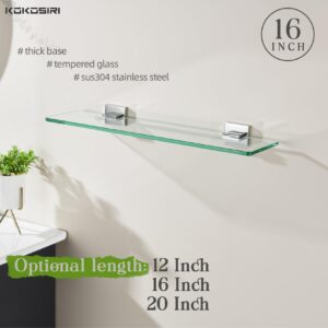 KOKOSIRI Wall Shelves Floating Bathroom Glass Shelf for Kitchen Storage, 16'' x 5.6'' Tempered Glass Wall Mounted Polished Stainless Steel B1106CH-L16