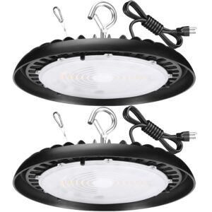 2pack 200w led high bay light fixture for warehouse, 120v 5000k daylight, 26000lm (800w-1000w hps/mh eqv.), ufo led highbay lights with us plug 6ft cable, ul ip65 commercial bay lighting,non-dim