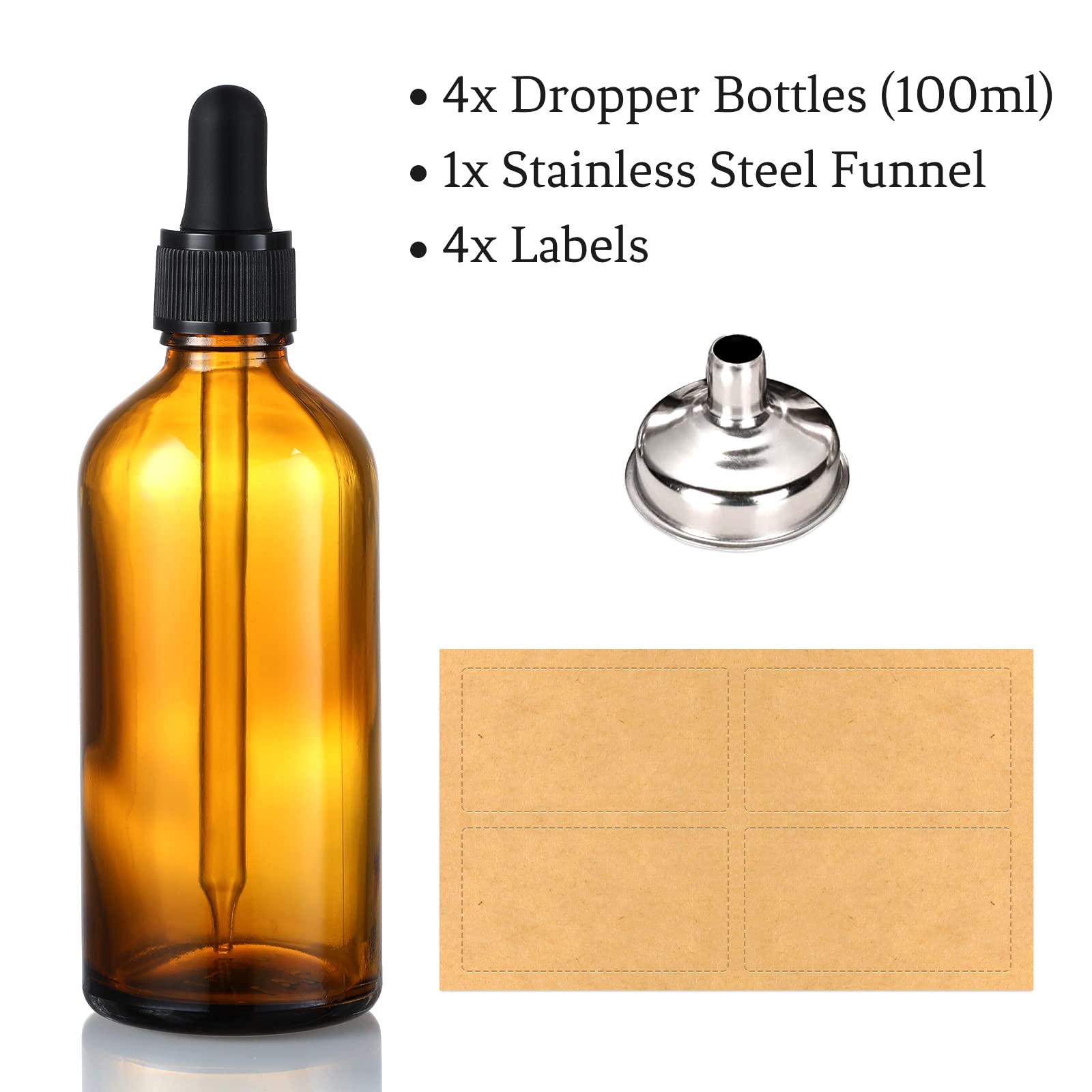 AOZITA 4 Pack, 100ml Dark Amber Dropper Bottles with 1 Funnels & 4 Labels - 3.4oz Brown Glass Tincture Bottles with Eye Droppers for Essential Oils, Liquids - Leakproof Travel Bottles