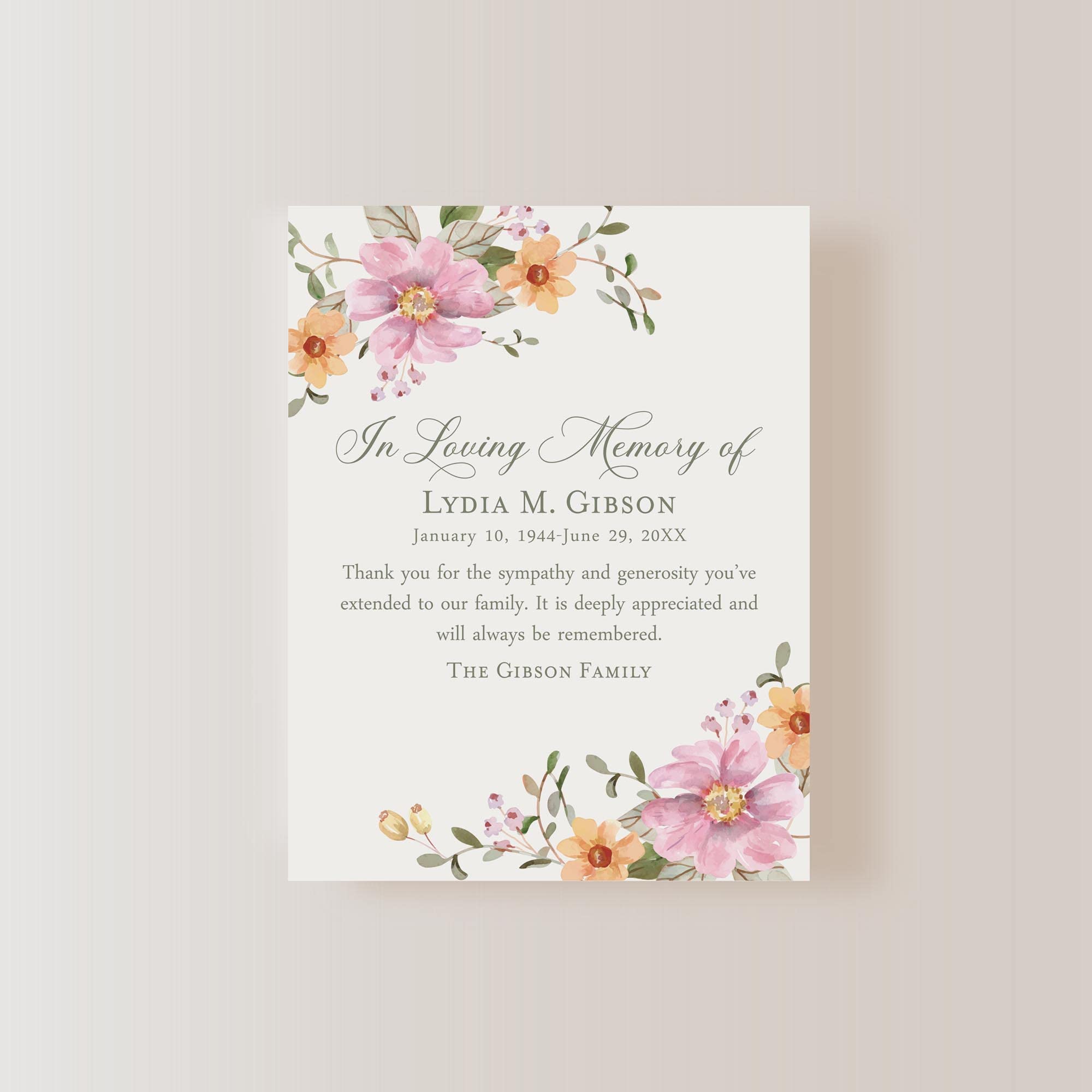 Hello Love Goods Soft Pink and Orange Floral Sympathy Thank You Cards, 4.25x5.5 Flat Personalized Funeral Thank You Cards with Envelopes