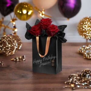 Anavego 6 First-Class Black Gift Bags with Metallic Markers for Personalization & Tissue Paper. Medium Size 8x10″. Matte & Sturdy. Handles from Gold Satin. Birthday Bags Set for Women & Men