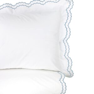 Double Scalloped Percale Weave Embroidered King Size White Duvet Set 300 Thread Count 100% Cotton - Cool Crisp - Luxury Hotel Bedsheet - Oeko Tex Certified Deep Pocket - Blue Piping on Edges