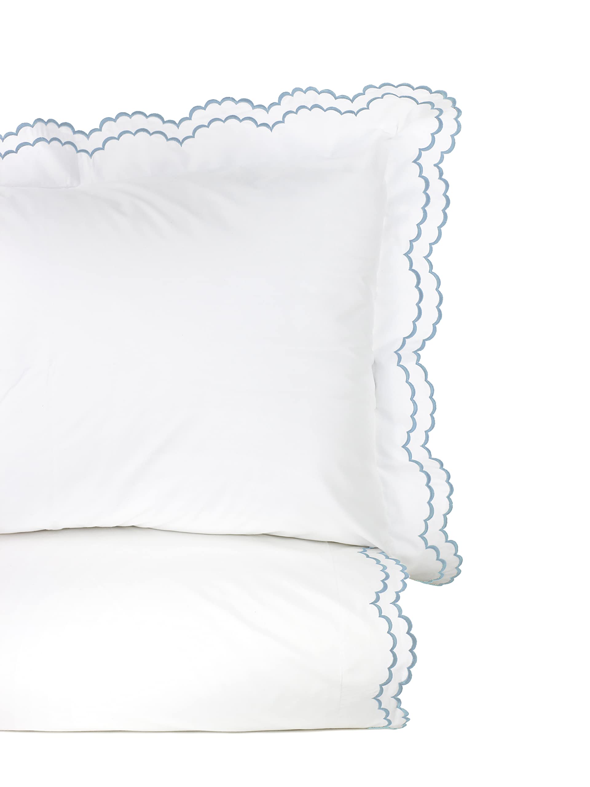 Double Scalloped Percale Weave Embroidered King Size White Duvet Set 300 Thread Count 100% Cotton - Cool Crisp - Luxury Hotel Bedsheet - Oeko Tex Certified Deep Pocket - Blue Piping on Edges