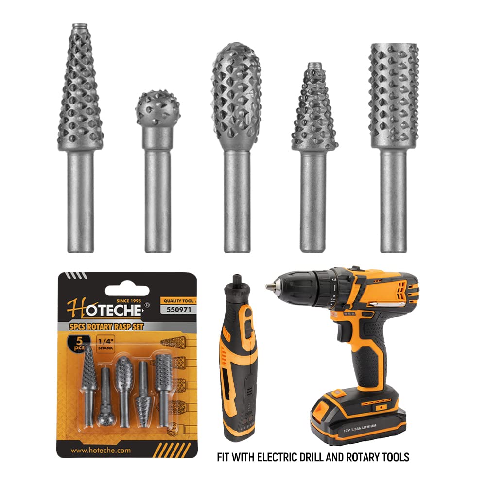 Hoteche Rotary Burr Set 5-Piece 1/4" Shank Carving Engraving Drill Bits Universal Fitment Rotary Tool Rasp Bits for Wood and Plastic Fit with Dremel, Dewalt