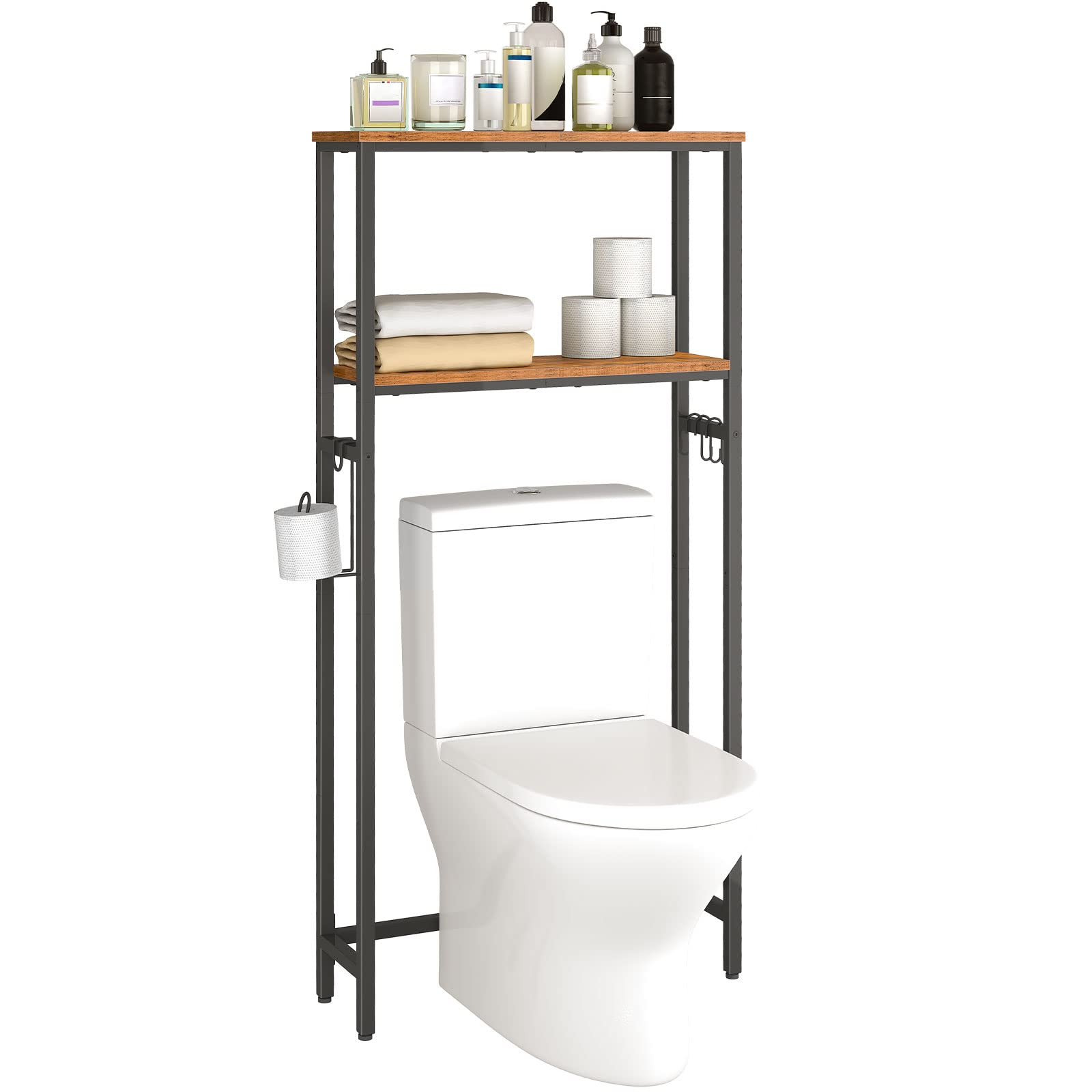 HOOBRO Over The Toilet Storage, 2-Tier Over Toilet Bathroom Organizer Shelf, with Toilet Paper Holder and Hooks, Sturdy and Durable, for Bathroom, Toilet, Rustic Brown and Black BF49TS01