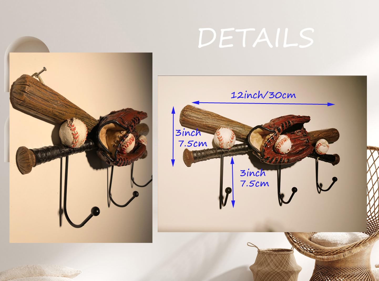 RYAONFKY Baseball Coat Rack Wall Mount with 3 Wall Hooks, Baseball Glove Wall Decor for Boys Room,Entryway,Cloakroom