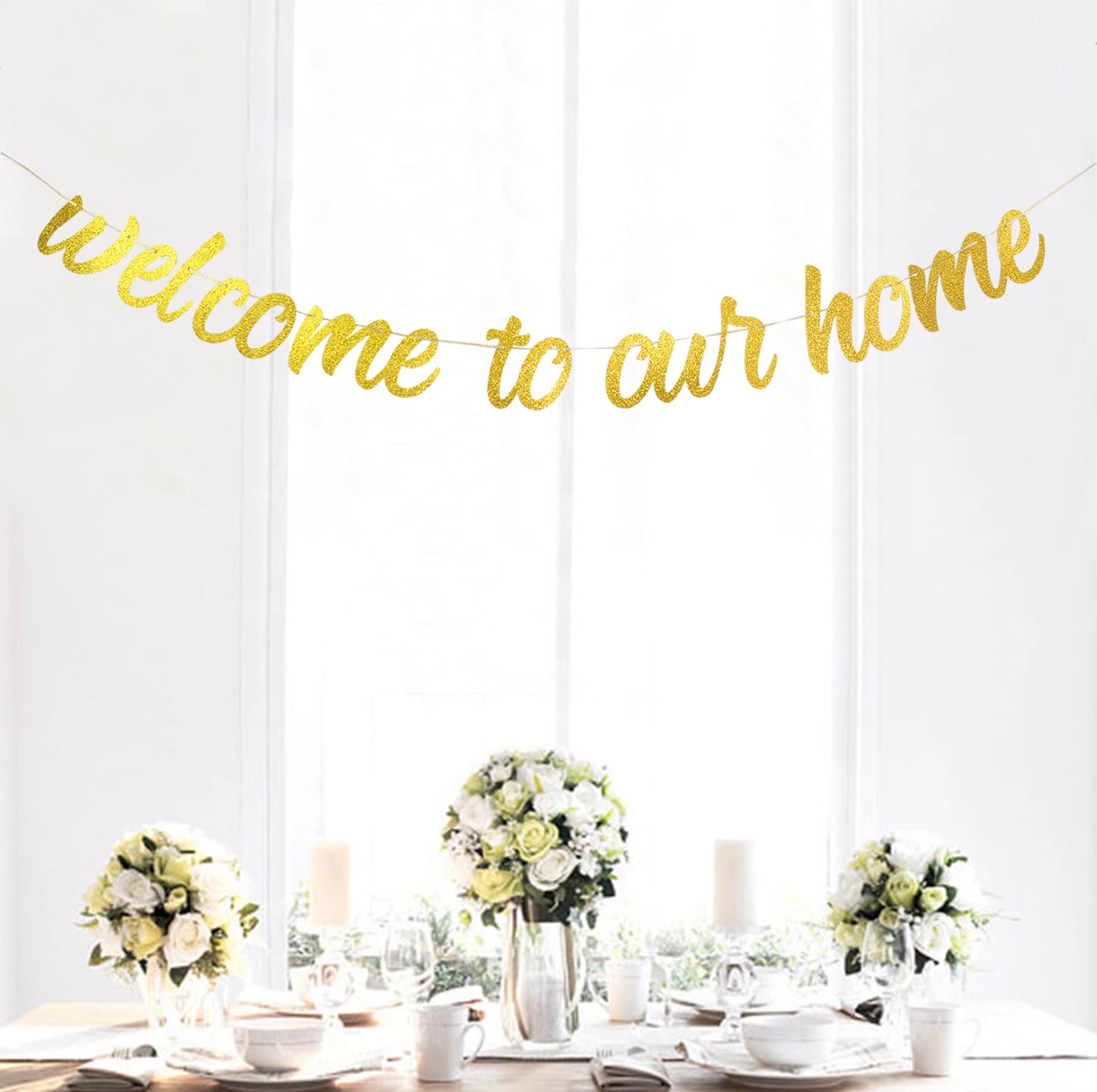 Starsgarden Glitter Gold Welcome to Our Home Banner for Housewarming Patriotic Military Decoration Family Party Supplies Cursive Bunting Photo Booth Props Sign(Gold Home)