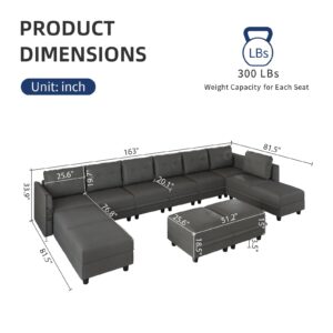 LLappuil Oversized Modular Sectional Sofa with Storage, U Shaped Sectional with Ottomans, 12 Seater Sleeper Couch for Living Room, Faux Leather Fabric Waterproof Sofa, 163 Inch Width, Dark Grey