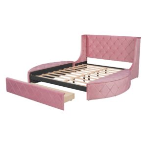 SOFTSEA Queen Size Velvet Platform Bed Frame with Storage, Upholstered Tufted Bed Frame with Wingback Headboard, 1 Big Drawer and 2 Side Storage Stool, Easy Assembly, Pink