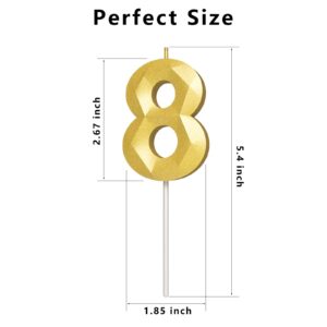 Number Birthday Candles(8 Candle Gold) 3D Diamond Shape Number Happy Birthday Cake Candles for Birthday Party Wedding Decoration Reunions Theme Party