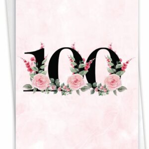 NobleWorks 100th Milestone Birthday Greeting Card with 5 x 7 Inch Envelope (1 Card) Floral Age 100 C8266MBG