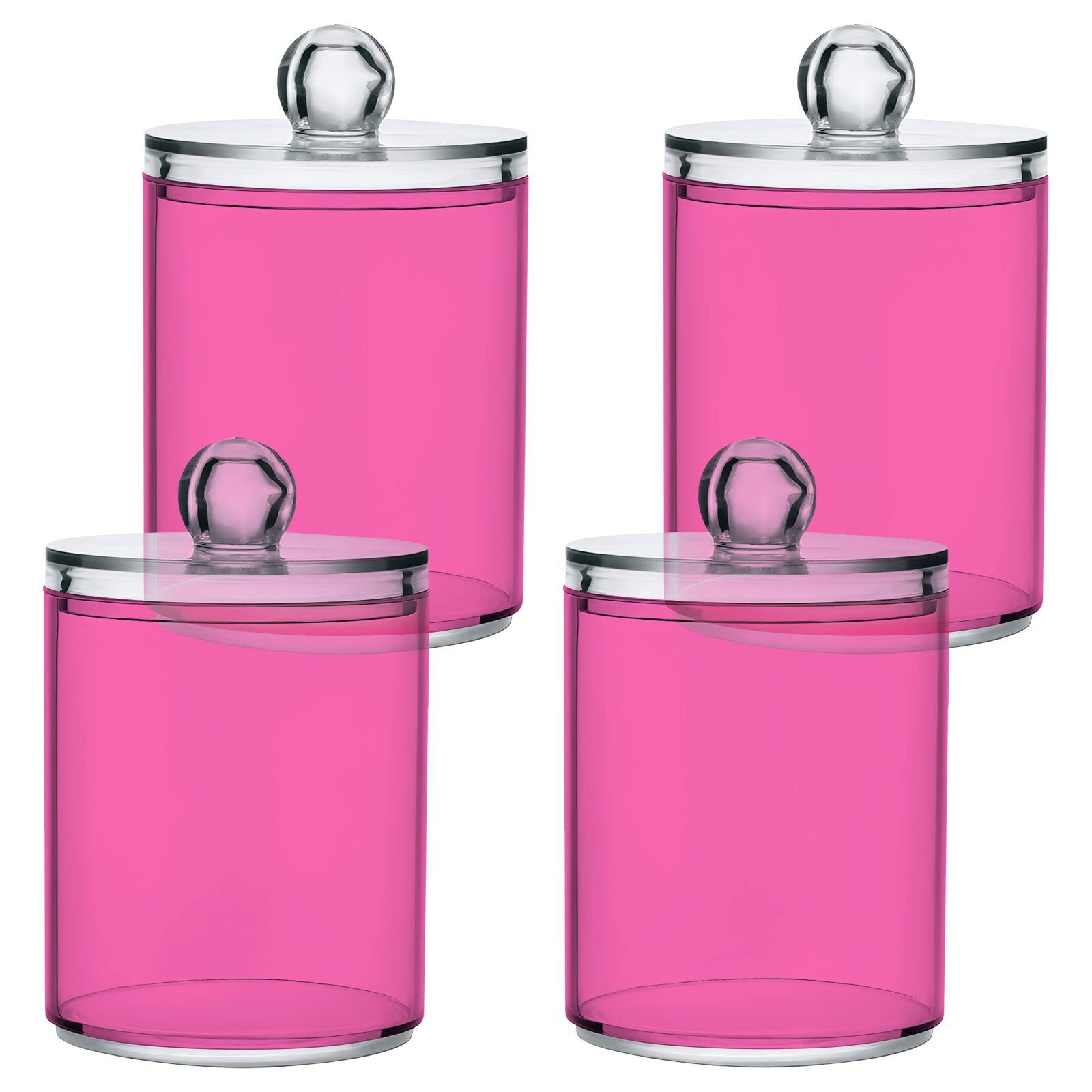 Hot Pink Qtip Dispenser Apothecary Jars Bathroom Qtip Holder Storage Canister 10 Oz Plastic Jar for Cotton Ball Swab Round Pads Floss 4pcs