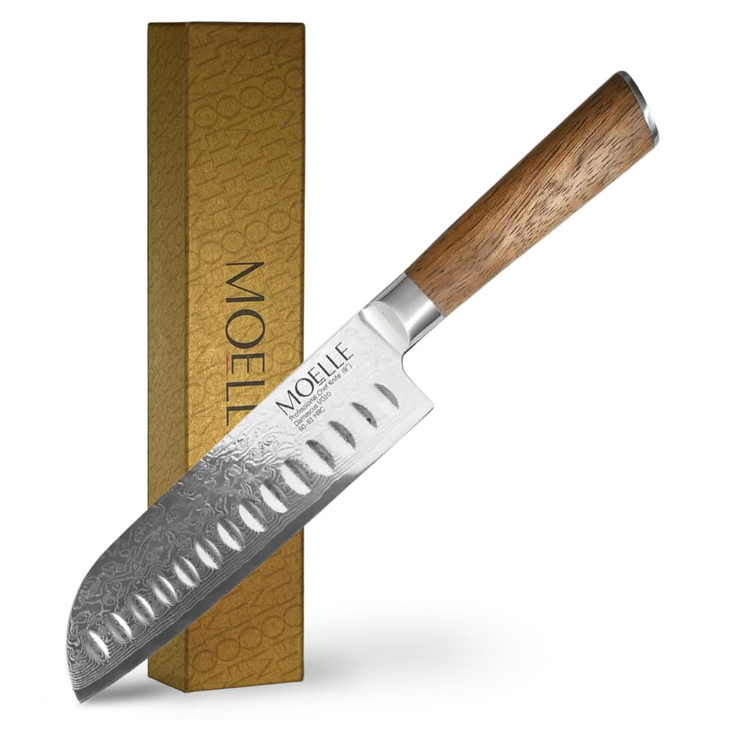 MOELLE Professional 7-Inch Kitchen Knives, Damascus Steel Blade, Sharp Chef's Knife with Sustainable Teak Wood Handle, Danish Design Chef Knives for Cooking - Gift Box Ready