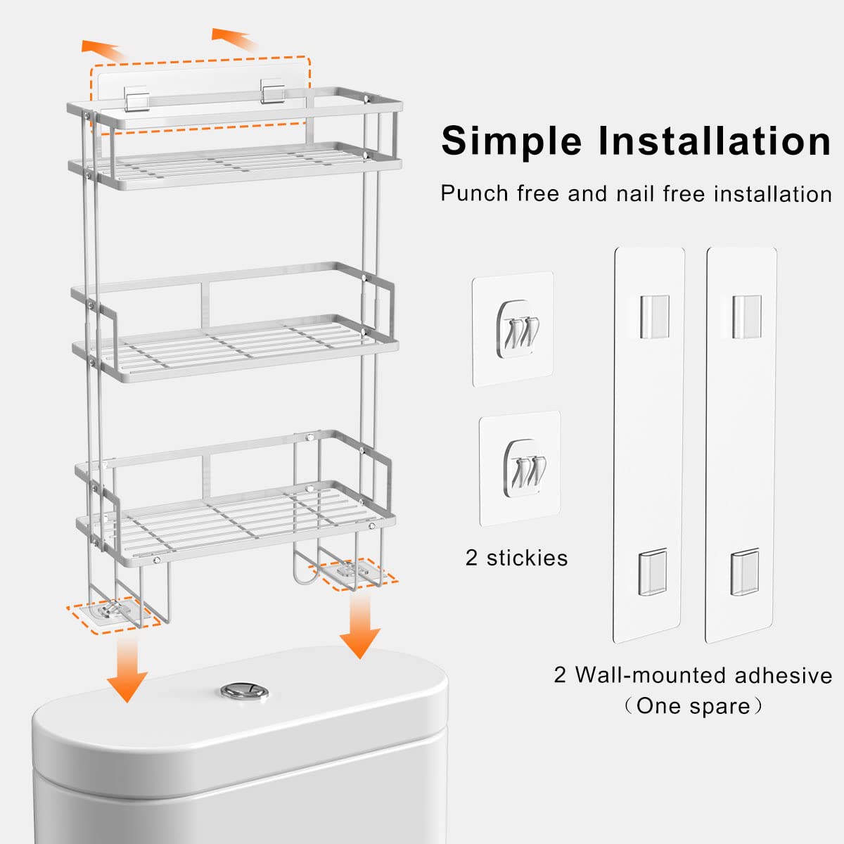 FLOLXNB Over The Toilet Storage,3-Tier Bathroom Organizer Shelves with Paper Holder, Multifunctional Toilet Rack,No Drilling Storage Shelf, Home Storage Space Saver Wall Mounting Design,White