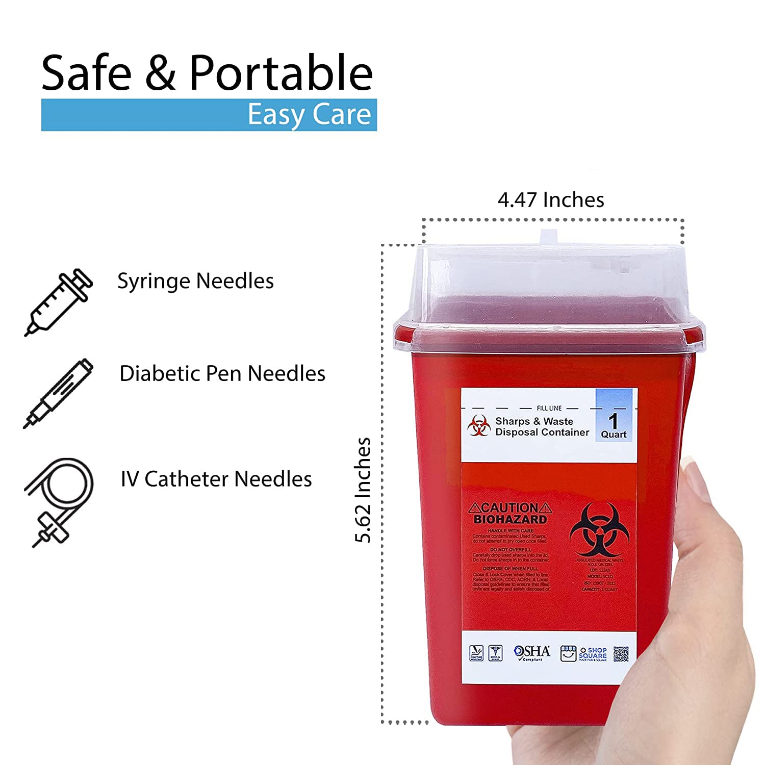 Sharps Container, Sharps Containers for Home Use, Needle Disposal Containers, Sharps Disposal Container, Biohazard Containers, Small Sharps Container - 1 Quart