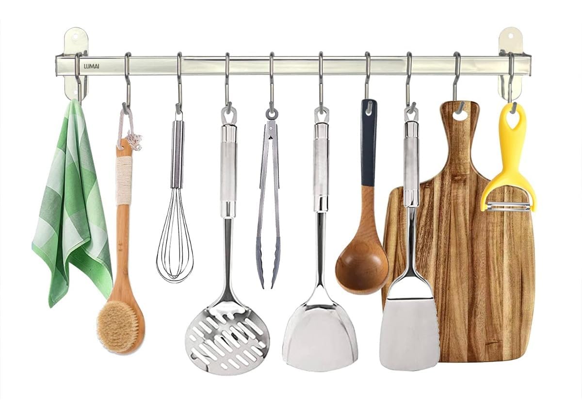 LUMAI Kitchen Rail with Hooks (10 hooks): Utensil Rack, Kitchen Utensil Hanger, Pot and Pan Hanging Rack, Pot Hangers for Kitchen, Pot Rack Wall Mounted, Pot Rack Hanging, Pan Hanger, Wall Pot Rack