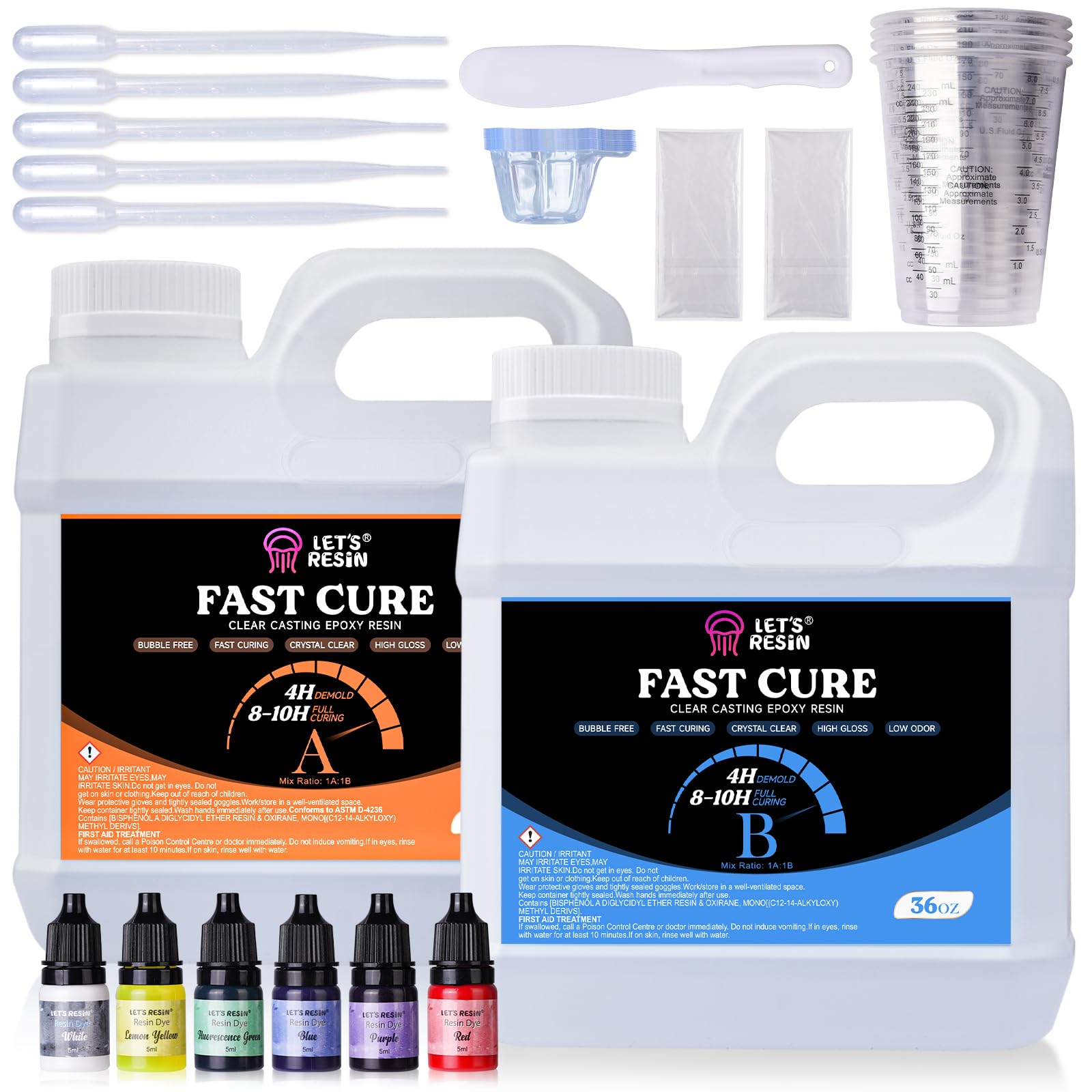 LET'S RESIN Fast Cure Epoxy Resin,Demold in 4 Hours,72OZ Upgrade Quick Drying & Crystal Clear Resin,Bubble Free Epoxy Resin for Craft,Art, Resin Supplies with Resin Dye, Resin Cup,Stir Stick