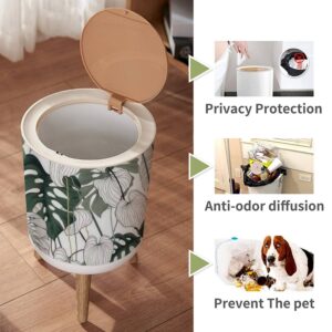 Small Trash Can with Lid for Bathroom Kitchen Office Diaper Floral seamless green black white split leaf Philodendron plant vines Bedroom Garbage Trash Bin Dog Proof Waste Basket Cute Decorative