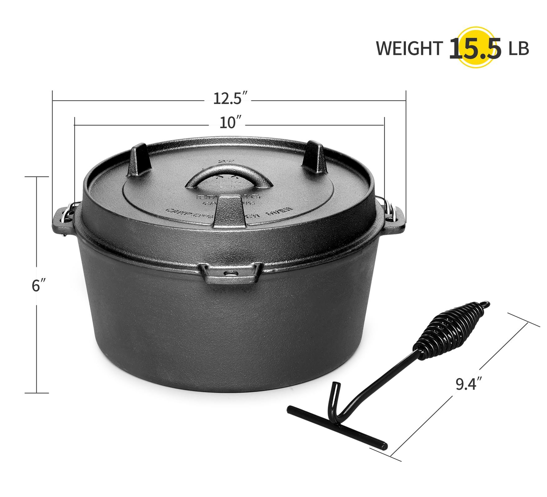 EDGING CASTING Pre-Seasoned Cast Iron Camping Dutch Ovens, Outdoor Camping Dutch Oven Pot with Lid Tripod, 6 Quart