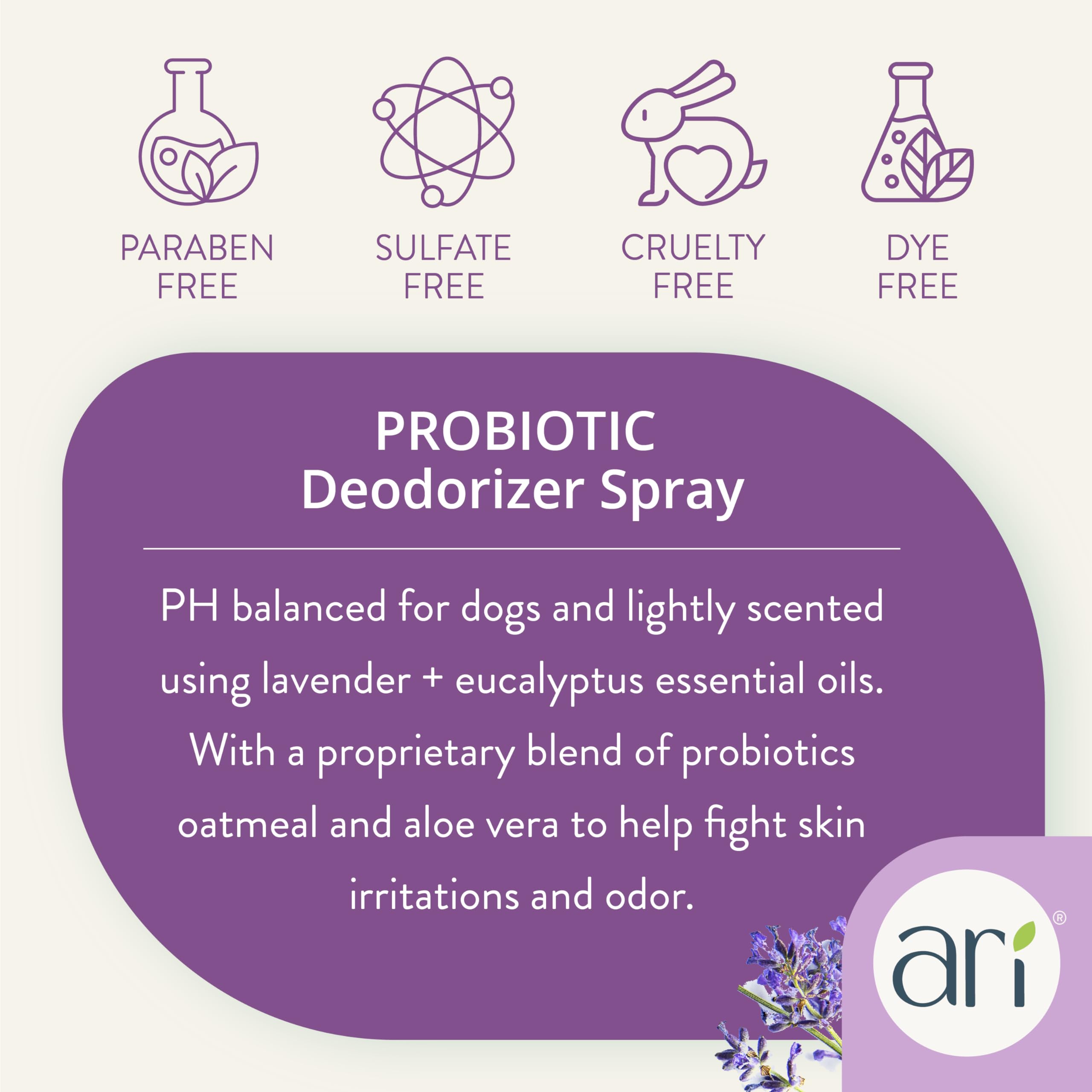 Ari Probiotic Deodorizer Spray for Dogs (8 oz) – Lavender & Eucalyptus Scent – pH-Balanced, Long-Lasting Freshness, Sulfate-Free, Gentle for All Breeds