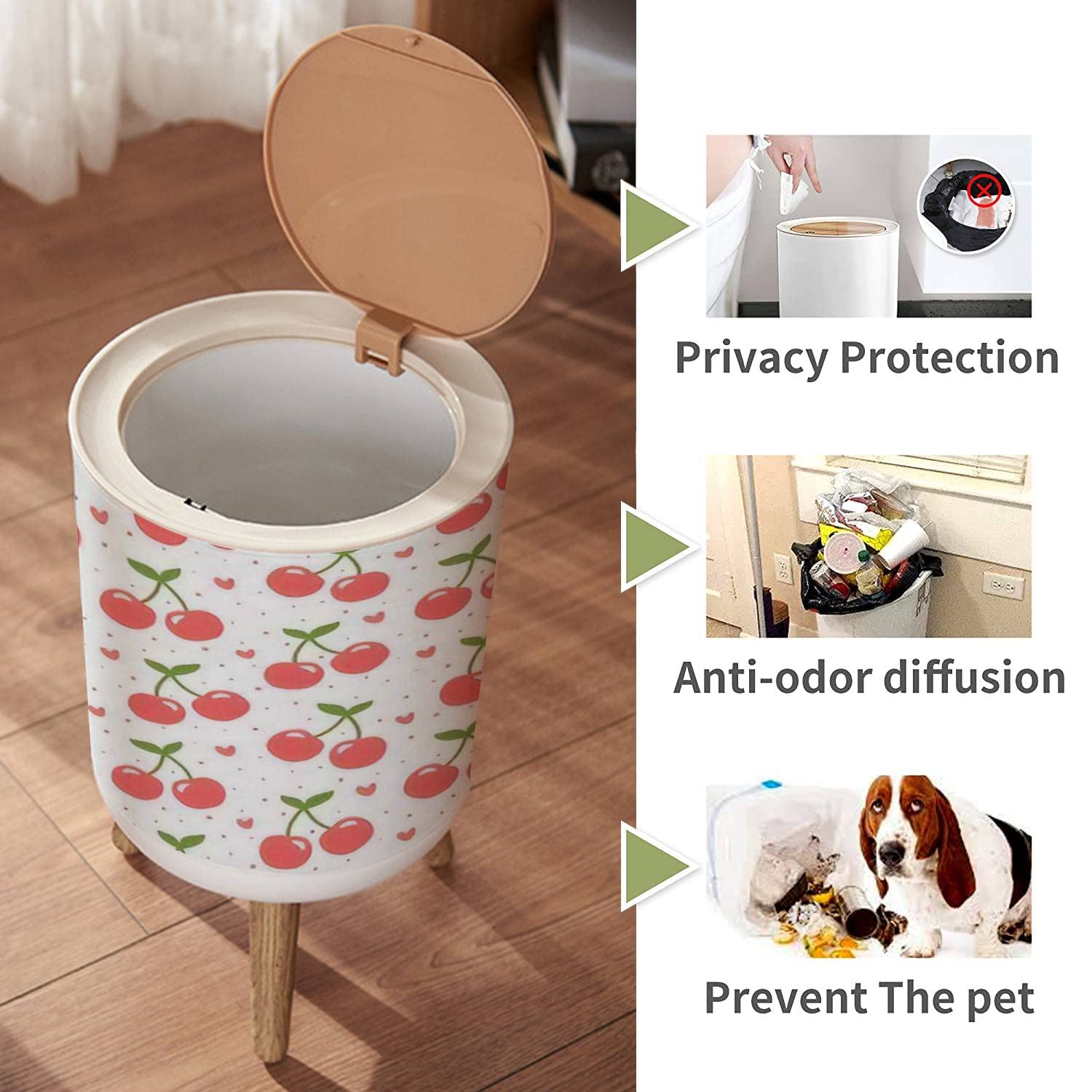 LGCZNWDFHTZ Small Trash Can with Lid for Bathroom Kitchen Office Diaper Cherry Fruit Cute Heart Fruit Cartoon Seamless dot Bedroom Garbage Trash Bin Dog Proof Waste Basket Cute Decorative