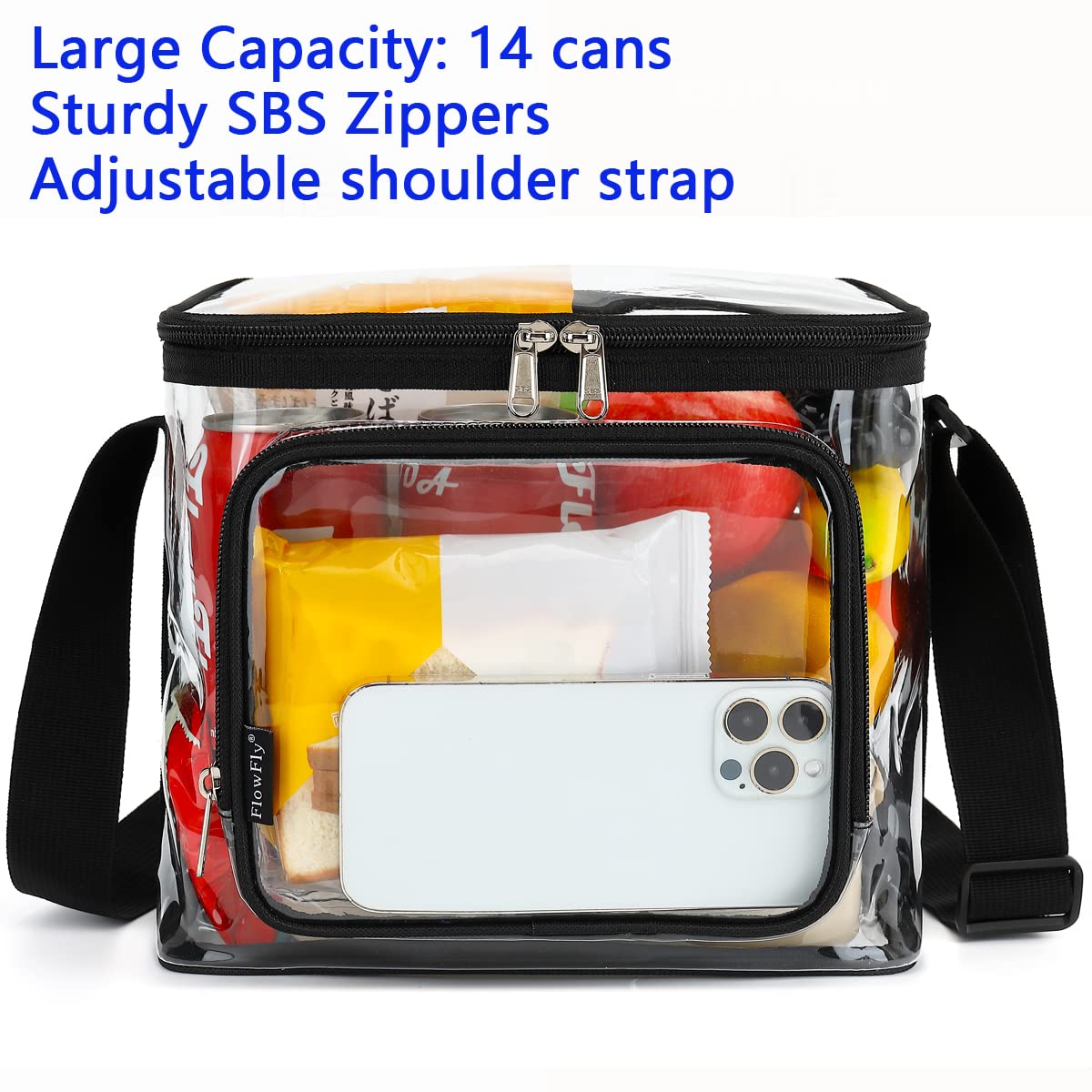 FlowFly Clear Lunch Bag Adult Large Heavy Duty Transparent Stadium Approved Lunch Box for Women and Men with Adjustable Shoulder Strap, Front Zipper Pocket, Clear