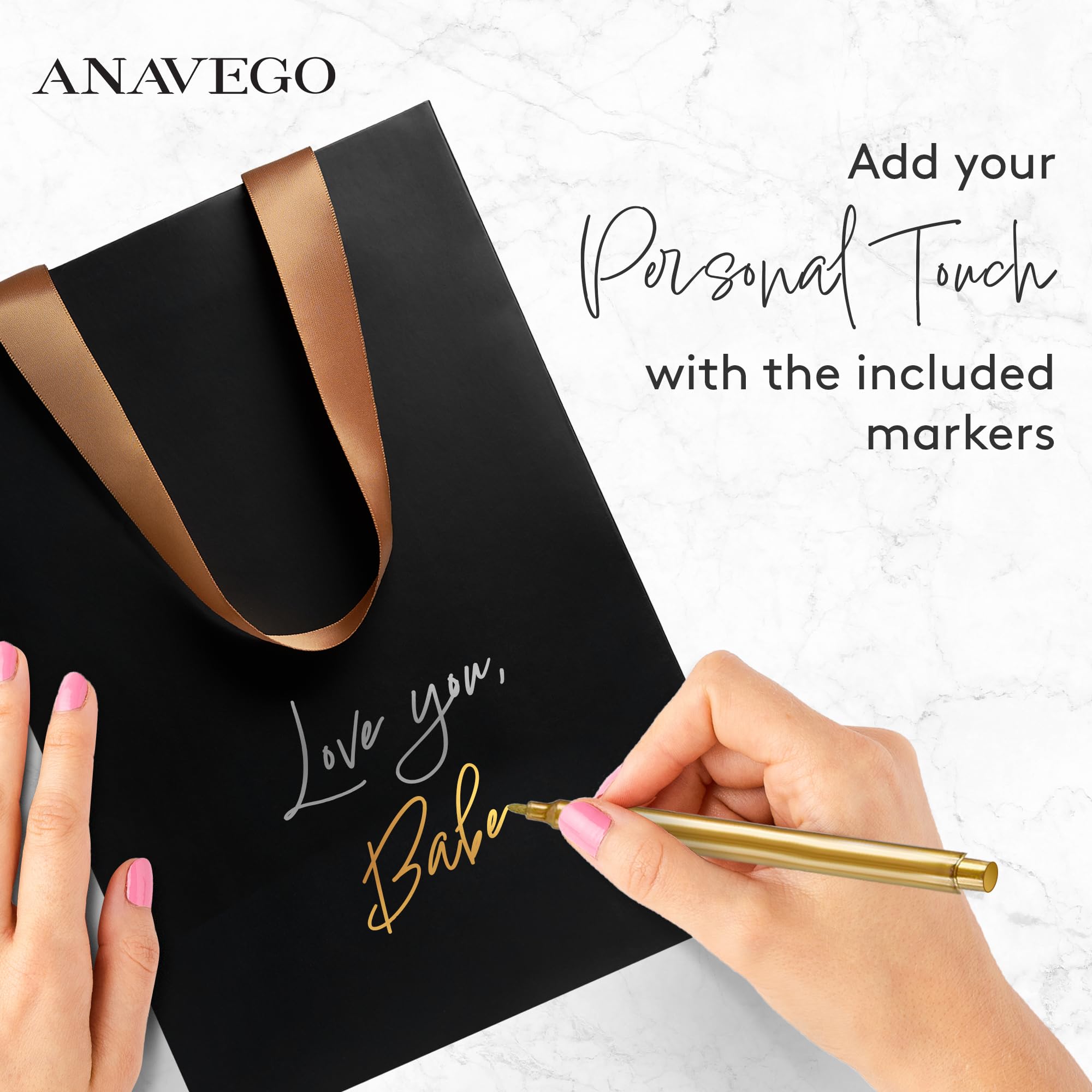 Anavego 6 First-Class Black Gift Bags with Metallic Markers for Personalization & Tissue Paper. Medium Size 8x10″. Matte & Sturdy. Handles from Gold Satin. Birthday Bags Set for Women & Men