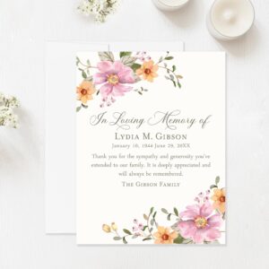 Hello Love Goods Soft Pink and Orange Floral Sympathy Thank You Cards, 4.25x5.5 Flat Personalized Funeral Thank You Cards with Envelopes