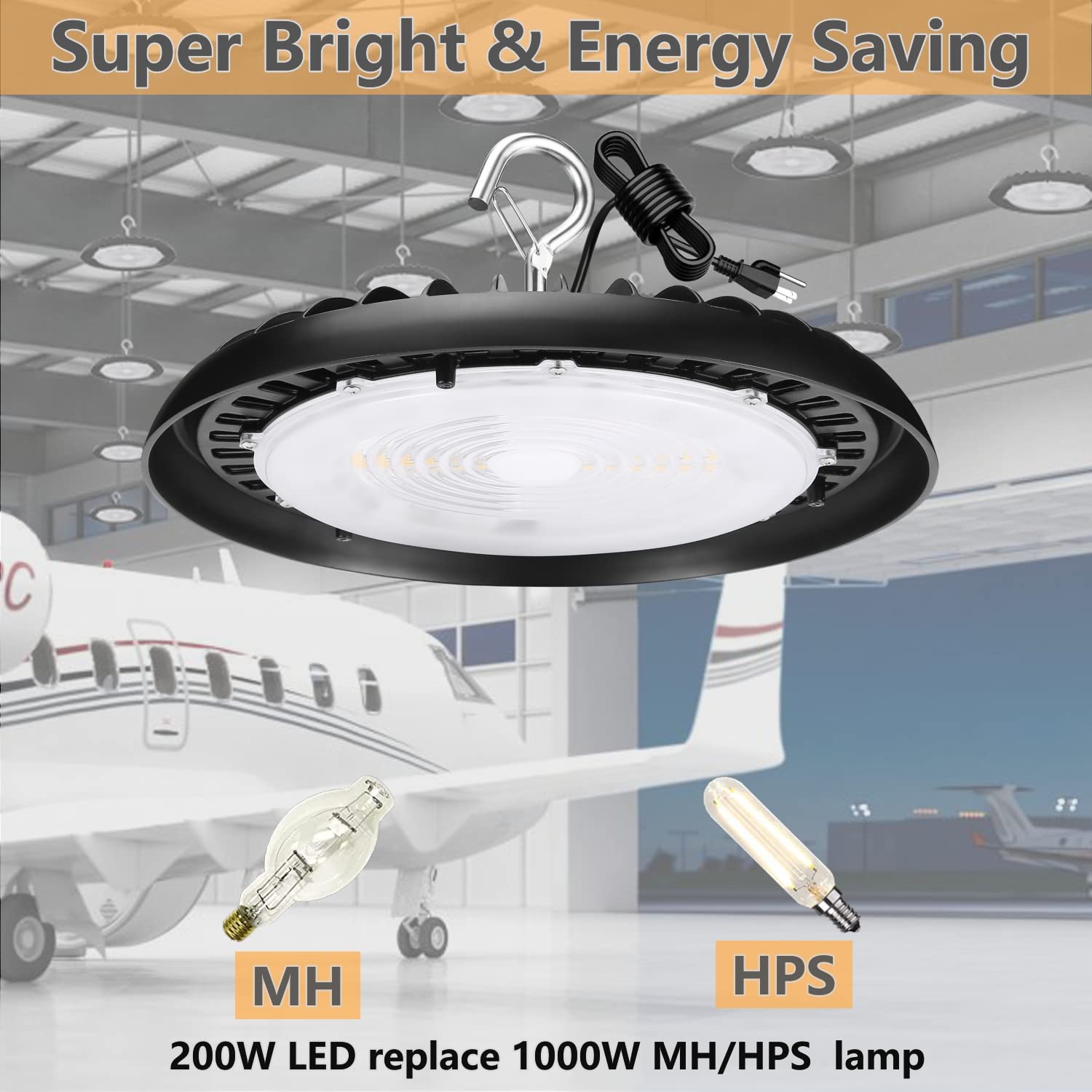 2Pack 200W LED High Bay Light Fixture for Warehouse, 120V 5000K Daylight, 26000LM (800W-1000W HPS/MH Eqv.), UFO LED Highbay Lights with US Plug 6FT Cable, UL IP65 Commercial Bay Lighting,Non-Dim