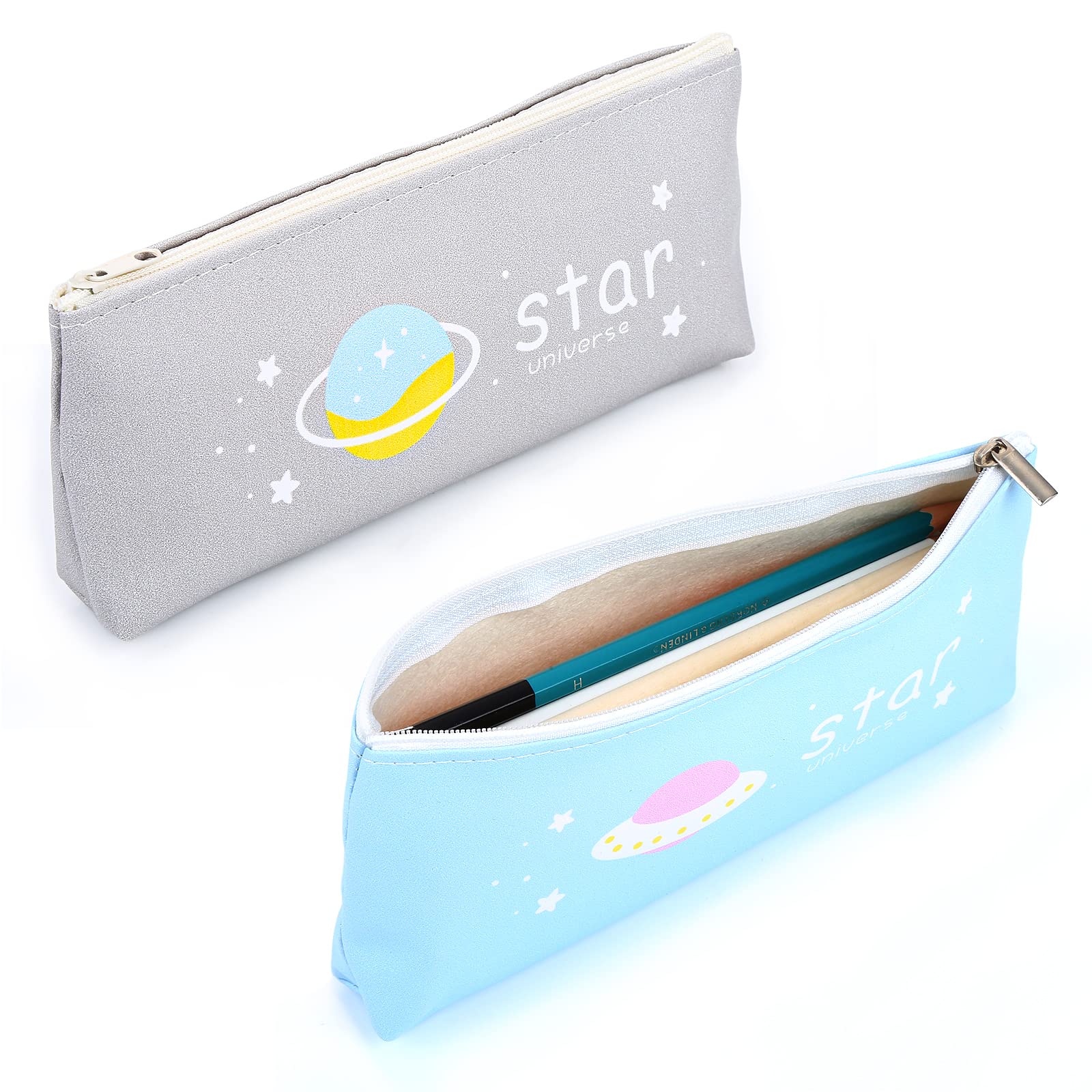 TIESOME 2Pcs Small Pencil Case, Cute Slim Design Leather Pencil Case Pouch Bag with Zipper Stationery Bag Portable Cosmetic Bag for Pen Pencils Markers(Gray+Blue)